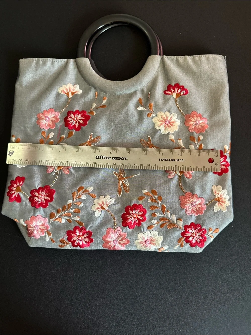 Embroidered Floral Tote Bag with Round Handles - Gray & Pink